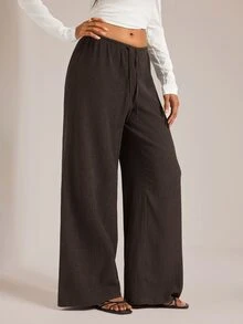 SHEIN Tall Women's Solid Color Tie Waist Wide Leg Loose Casual Versatile Pants - Brown - View 1