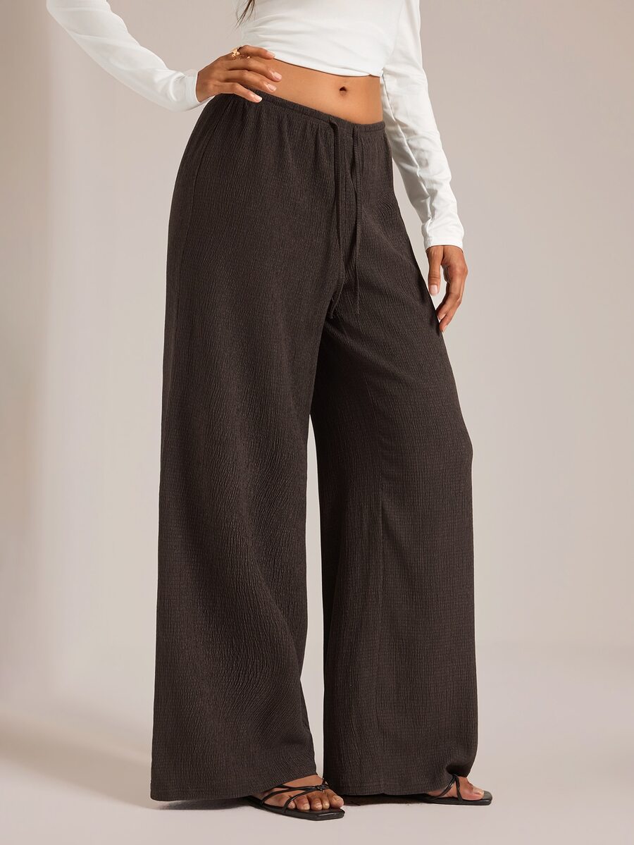 SHEIN Tall Women's Solid Color Tie Waist Wide Leg Loose Casual Versatile Pants - Brown - View 1