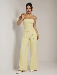 SHEIN PETITE Setelan Rompi dan Celana Panjang Kuning yang Stylish untuk Wanita Bertubuh Mungil - Ideal untuk Bisnis dan Perjalanan Sehari-hari. - Kuning - View 3
