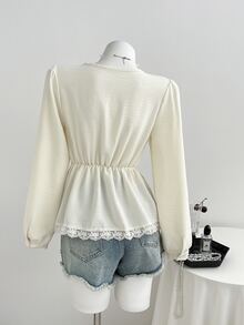 Elamini Women's Sweet Versatile Lace Patchwork Long Sleeve Top - Apricot - View 2