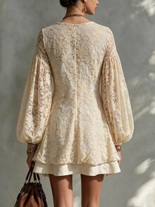 Omancia Women's V-Neck Bow Lace Dress, Lantern Sleeve Satin Patchwork Hollow Out Dress Wedding Date High Tea Autumn Romantic Elegant - Beige - View 2