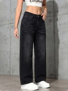 SHEIN American Street Style Distressed Black Straight Leg Jeans With Adjustable Waist Buckle Design, Minimalist Slimming Casual Straight Leg Pants - Black - View 5