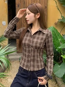 DAZY 純色領口修身短袖白色女式襯衫 - 棕色 - 查看 5