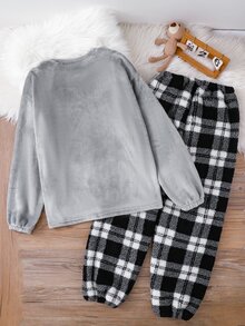 Teen Boys Grey Flannel Lounge Set, Loose Comfortable Plaid Pants And Fuzzy Pajama Top, 2 Pieces Set, Suitable For Autumn/Winter - Grey - View 2