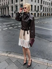 Struktiv Funnel Neck Double Breasted Belted Faux Leather Cropped Jacket - Coffee Brown - View 5