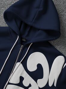 PAVTROS Men's Embossed Long Sleeve Hoodie And Drawstring Waist Pants Set - Navy Blue - View 5