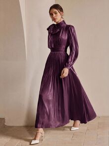 Anewsta Women's Long Grey-Green Dress, Spring/Autumn Style, Ruched Waist, Shiny Fabric, Elegant And Versatile - Purple - View 4