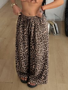 Coolane Plus Size Women's Leopard Print Tie Waist Wide Leg Pants With Pockets, Suitable For Summer - Multicolor - View 5