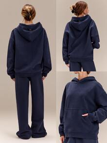 GLOWMODE Heavyweight Fleece Oversized Sweatshirt Pocket Thick Thermal Warm Winter Valentine's Day - Navy Blue - View 8