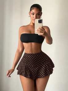 SHEIN SXY 夏季性感高腰荷葉邊裙褲 - 棕色 - 查看 4