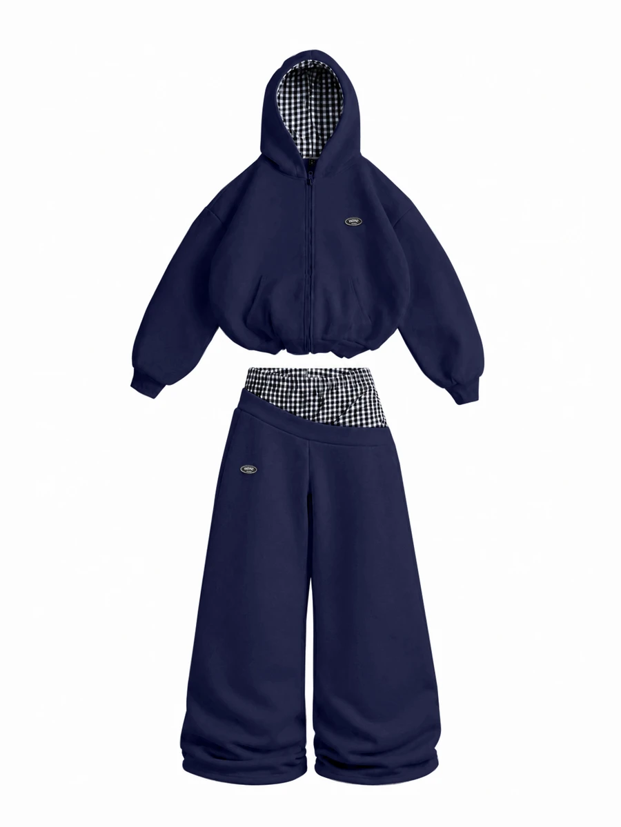 Manfinity Roghcode Men's Letter Print Denim Zipper Placket Hoodie & Patchwork Patch Wide Leg Pants Casual Set - Multicolor - View 1