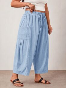 Enliva Plus Size Loose Fit Drawstring Casual Cropped Pants - Baby Blue - View 7