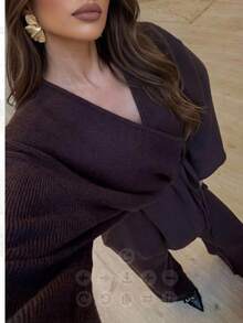 Aloruh Women's Solid Color Dropped Shoulder Long Sleeve Casual Knit Cardigan,New Fall Styles - Brown - View 2