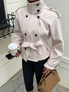 SHEIN EZwear 杏白色編織雙排扣女款夾克 - 杏色 - 查看 3
