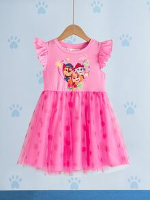 SHEIN | PAW Patrol Young Girl Fun Round Neck Cartoon Print Mesh Dress - Pink - View 3