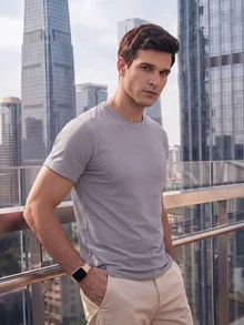 TekDrob Anti-Odor Modal T-Shirt With Crew-Neck And Rolled Tacked Cuffs - Grey - View 7