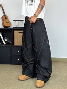 STEELVANCE Street Style Retro Fashion Versatile Distressed Washed Flat Rivet Contrast Stitching Design Loose Straight Leg Wide Leg Casual Everyday Plus Size Denim Jeans (Belt And Accessories Not Included) - Black - View 5