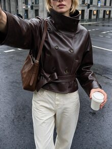 Struktiv Funnel Neck Double Breasted Belted Faux Leather Cropped Jacket - Coffee Brown - View 4