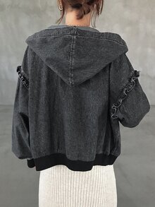FRIFUL Women's Zipper Long Sleeve Denim Hooded Jacket - Black - View 4