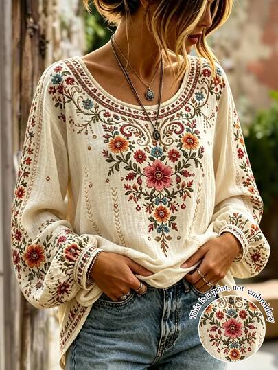 Selamara Top Feminina de Manga Longa com Estampa Floral Vintage, Outono/Inverno
