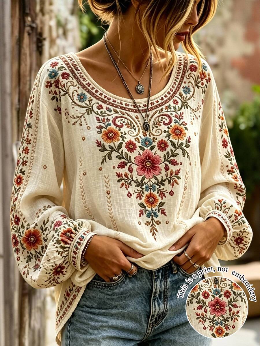 Selamara Women's Fashion Vintage Floral Print Long Sleeve Top, Autumn/Winter - Multicolor - View 1