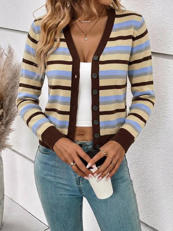 SHEIN Frenchy كارديجان نسائي رقيق بخطوط ملونة بأسلوب بسيط وعملي، مناسب للخريف/الشتاء، متعدد الاستخدامات