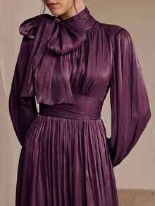Anewsta Women's Long Grey-Green Dress, Spring/Autumn Style, Ruched Waist, Shiny Fabric, Elegant And Versatile - Purple - View 7
