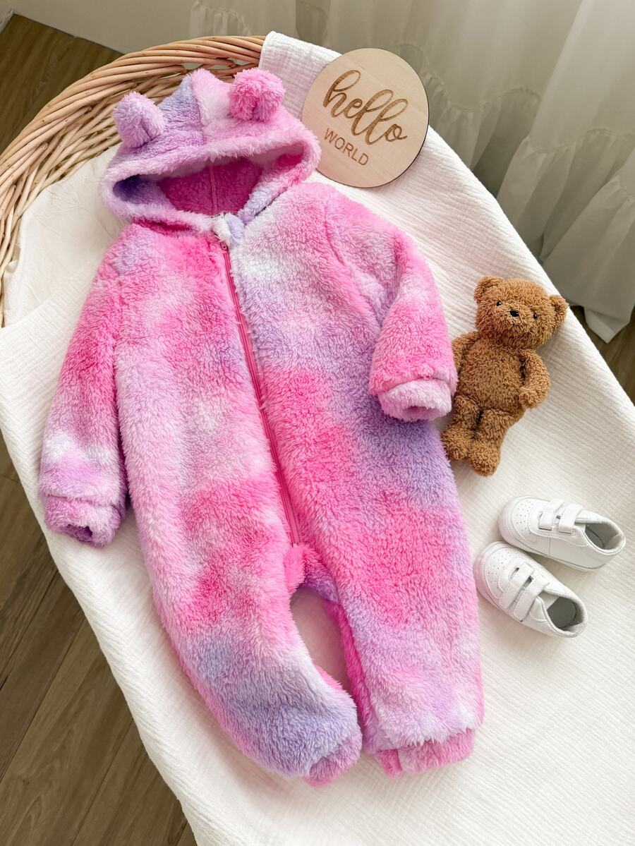 SHEIN LMoss Kids 新生女嬰可愛秋冬款毛絨花卉圖案長袖連帽連身衣 - 玫紅色 - 查看 1