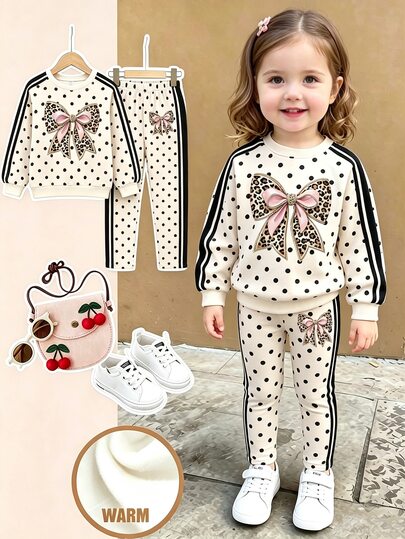 Young Girls 2pcs/Set Casual Fashion Versatile Spring/Autumn/Winter Outfit, Cute Sweet Polka Dot Bow Pattern Purple Leggings 2 Pieces Set, Casual Wear For Back To School, Party, Outdoor Picnic, Street Photography, Campus, Holiday, Gift