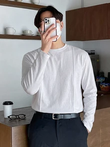 DAZY 男士休閒百搭純色長袖T恤 - 白色 - 查看 7