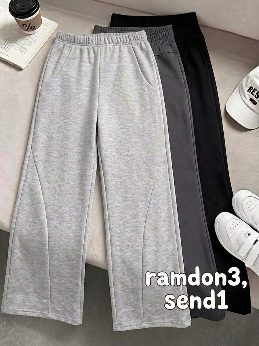 SHEIN Celana Sweatpants Rajut Abu-abu Muda Longgar Kasual Serbaguna dengan Tali Serut dan Kantong, Potongan Lebar untuk Remaja Perempuan - Grey - View 1