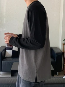 DAZY 春秋款黑色與深灰色拼接配色韓式男士長袖落肩袖T恤 - 深灰色 - 查看 7