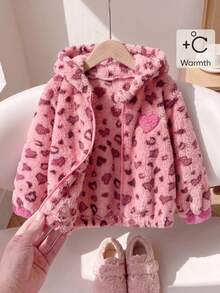 SHEIN Genkimix Kids 女童秋冬休閒時尚豹紋抓絨拉鍊連帽開襟外套 - 粉色 - 查看 4