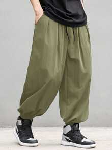 Manfinity Roghcode Men's Solid Color Pleated Casual Versatile Daily Wear Lantern Pants - Army Green - View 1