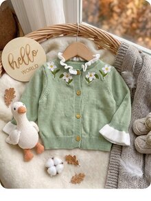 SHEIN 新生兒花卉刺繡圖案休閒日常毛衣 - 綠色 - 查看 3
