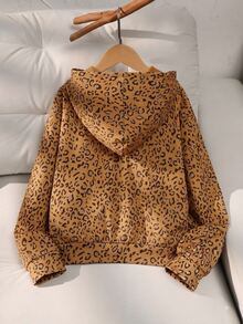 SHEIN 青少年女孩純色連帽抓絨內裡保暖夾克 前拉鍊口袋 開學季 - 棕色 - 查看 2