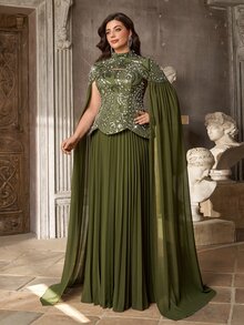 Aureia Plus Size Elegant Luxurious Olive Green Sequin Embroidered Patchwork Chiffon Two Pieces Style Pleated A-Line Evening Gown, Suitable For Dinner Party, Date, Ball, Vacation, Wedding, Event, Heavy Work Evening Dress, Guest Dress - Green - View 7