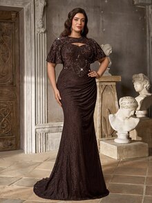 Aureia Plus Size Elegant Romantic Luxurious Coffee Color Sequin Lace Shawl Ruched Fitted Mermaid Tail With Train Heavy Embellishment Evening Gown - Coffee - View 7