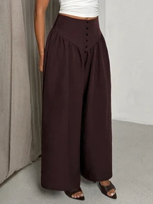 Glamine 2026 Women's Elegant Casual Solid Color Button Design Wide Leg Loose Long Pants Brunch Vacation Dark Brown Fall - Coffee Brown - View 4