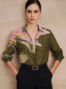Anewsta Essential Spring/Summer New Elegant Fashion Floral Print Chiffon Long Sleeve Blouse For Women, Suitable For Outing, Party, Holiday, Vacation And Professional Occasions - Army Green - View 3
