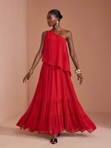 JIAN LASALA Red Chiffon One Shoulder Ruffle Hem Uneven Sleeveless Long Dress Party Vacation - Red - View 5