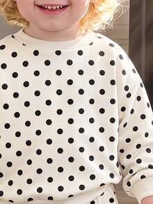 Baby Girl Vintage Cute Dopamine Black & White Contrast Polka Dot Soft Thick Long Sleeve Crew Neck Pullover Sweatshirt & Wide Leg Pants Set, Suitable For Autumn/Winter, Korean Style, Casual Comfortable, Fashion Kids Wear, Y2K, Vacation Comfort - Multicolor - View 5