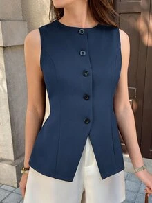 SHEIN Clasi 女款夏季舒適通勤鈕扣背心商務風 - 藏蓝色 - 查看 7