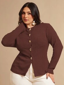 SHEIN BAE 大尺碼女款純色長袖金屬單排扣上衣 - 摩卡棕 - 查看 4
