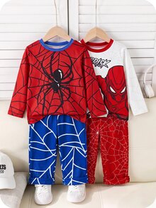 SHEIN Kids Young Boy Simple Solid Color Crew Neck Long Sleeve T-Shirt + Woven Plaid Pattern Loose Casual Pants 4-Piece Pajama Set, Soft Comfortable Casual Home Sleepwear Set 2 Pieces, Suitable For All Seasons - Multicolor - View 5