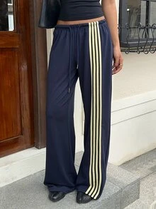 SHEIN EZwear 海軍藍針織女款側條紋抽繩腰運動長褲 - 藏蓝色 - 查看 4