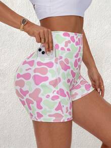 SHEIN Core Rhythm Celana Pendek Olahraga Slim Fit Pinggang Tinggi dengan Motif Cetak Seluruh Permukaan - MultiWarna - View 3