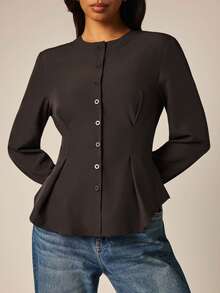 COSMINA Women's Casual Elegant Brown Waist-Cinching Commuter Blouse - Brown - View 5