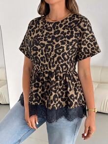 SHEIN Essnce Plus Size Women's Spring/Summer Fashion Casual Elegant Loose Comfortable Daily Versatile Slimming Leopard Print Lace Trim Hem Short Sleeve Babydoll Blouse - Multicolor - View 8
