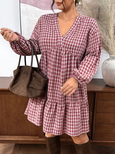 SHEIN Frenchy Autumn/Winter Minimalist Fashion Long Sleeve Textured Floral A-Line Solid Color Plus Size Dress, Suitable For Party, Gathering, Daily Wear